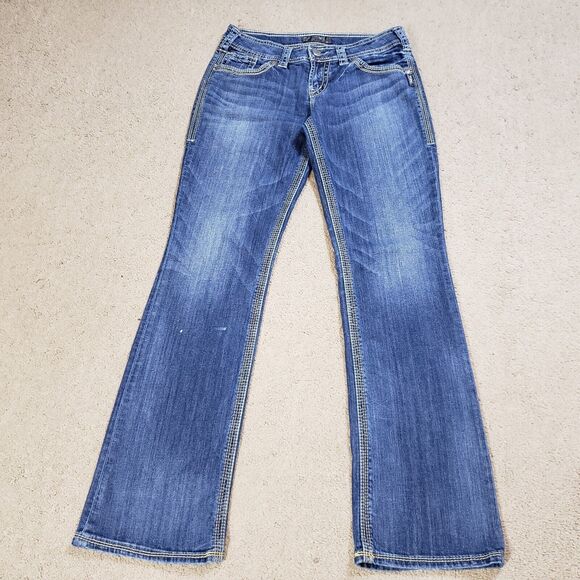 Silver Jeans Denim - Silver Bootcut Jeans Womens 29x33 Suki 17” Surplus Flap Pockets Thick Stitch